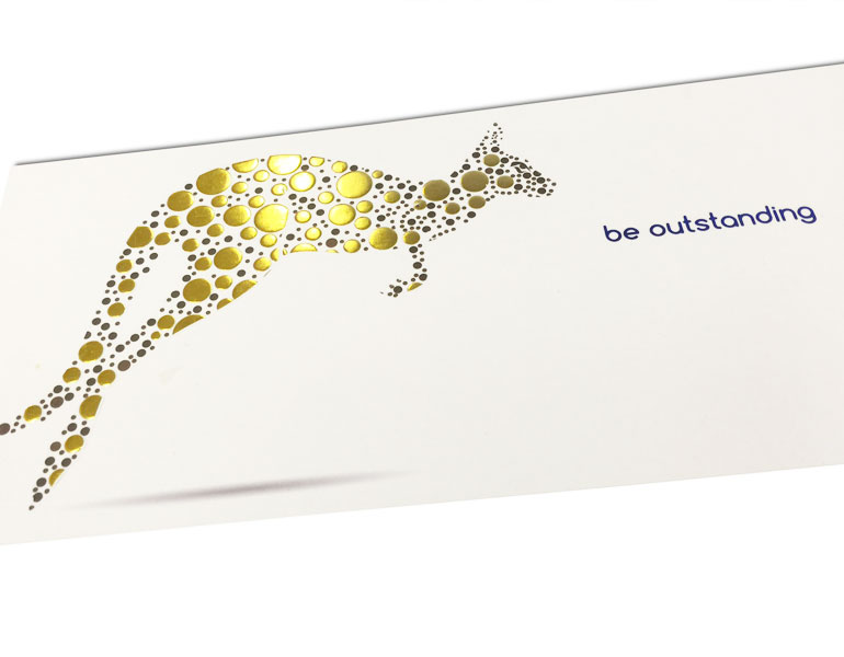 Spotted Embossed gold foil card with kangaroo leaping forward
