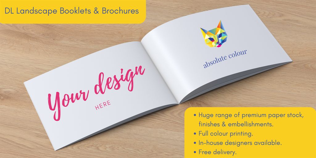 DL Landscape booklets brochures saddle stitched and open, short run printing